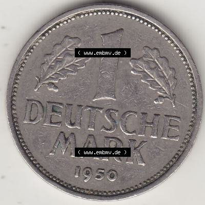 BRD Münzen 1 DM, Umlaufmünze 1950-2001, 1 DM Deutsche Mark, 1950 J-6. Rückseite der Münze aus Deutschland Sammlung