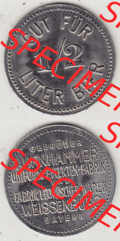 Alte Biermarken Allgemein Gut für 1/2 Liter Bier, Gebrüder Aurnhammer Uniform-EEEEKTEN-Fabrik, Bayern. Vorderseite und Rückseite vertikal untereinander zusammengefügt... Sammlung