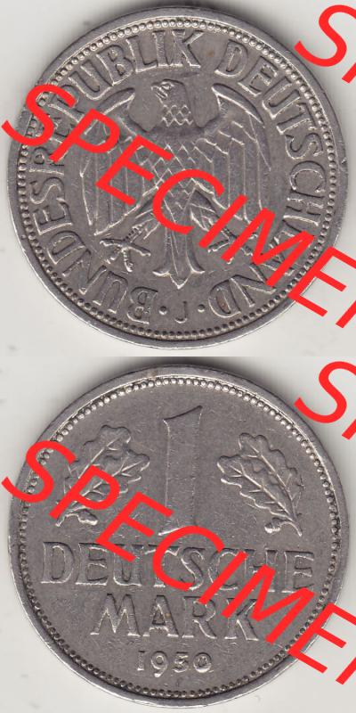 BRD Münzen 1 DM, Umlaufmünze 1950-2001, 1 DM Deutsche Mark, 1950 J-5. Vorderseite und Rückseite auf einen digitalen Bild / Foto der Münze aus Deutschland,... Sammlung