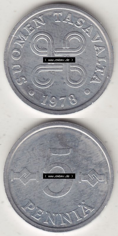 Münzen Finnland / SUOMI Eurovorläufer, Umlaufmünze vor Euroeinführung 1978-1978, Stempelglanz 1977-1990, 5 Penny, 1978 (Stück... Sammlung