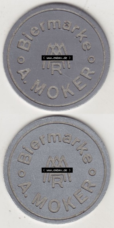 Alte Biermarken Allgemein Biermarke A. Moker. Vorderseite und Rückseite vertikal untereinander zusammengefügt für Mobile-Geräte... Sammlung