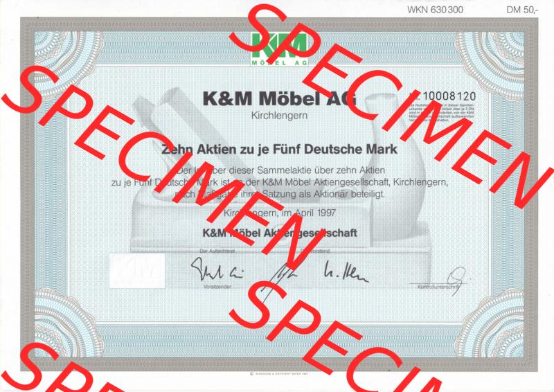 Alte Wertpapiere Bundesrepublik Deutschland in Deutsche Mark 1997, Zehn Aktien zu je Fünf Deutsche Mark, 5 DM KM Möbel AG Kirchlengern (1) Sammlung