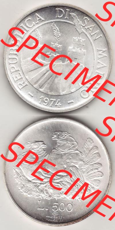 Aus offiziellen Münzensatz / KMS 1974 San Marino vor Euro 1974-1974, 50 Lire Silbermünze, L.500 MINGUZZI MONASSI INC. (4) Sammlung