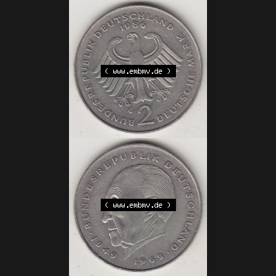 BRD Münzen 2 DM Gedenkmünze 1969-1987, 2 DM, Deutsche Mark Konrad Adenauer 1986-1 G. Vorderseite und Rückseite auf einen digitalen Bild / Foto der Münze aus Deutschland,... Sammlung