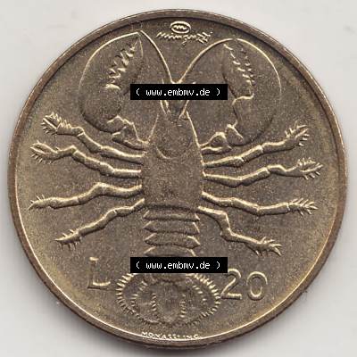 Aus offiziellen Münzensatz / KMS 1974 San Marino vor Euro 1974-1974, 20 Lire, L.20 MINGUZZI MONASSI INC. (2) Sammlung