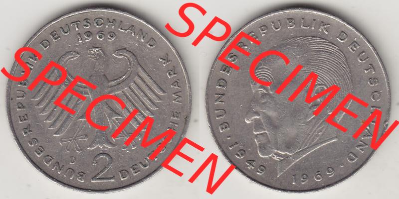 BRD Münzen 2 DM Gedenkmünze 1969-1987, 2 DM, Deutsche Mark Konrad Adenauer 1969-1 D. Vorderseite und Rückseite der Münze aus Deutschland Sammlung