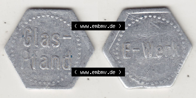 Alte Wertmarken Allgemein Glaspfand E-Werk, Sechskantige Marke. Vorderseite und Rückseite auf einen digitalen Bild einer Wertmarke.... Sammlung