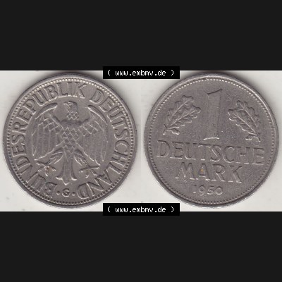 BRD Münzen 1 DM, Umlaufmünze 1950-2001, 1 DM Deutsche Mark, 1950 G-2. Vorderseite und Rückseite der Münze aus Deutschland Sammlung