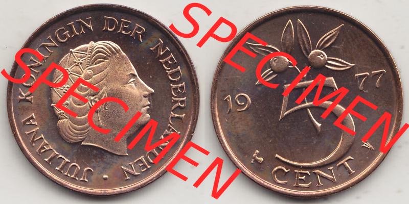 Aus offiziellen Münzensatz / KMS 1977 Niederlande 1950-1980, 5 Cent, 1977-1, JULIANA KONINGIN DER NEDERLANDEN. Vorderseite und Rückseite aus den Niederlanden Sammlung