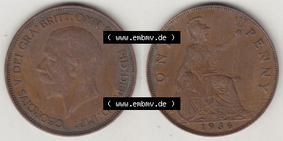 Münzen Großbritannien Eurovorläufer, Umlaufmünze vor Euroeinführung 1928-1936, 1 One Penny, 1936 (Stück 3), George V. BM... Sammlung