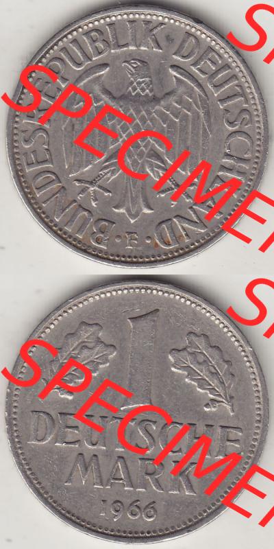 BRD Münzen 1 DM, Umlaufmünze 1950-2001, 1 DM Deutsche Mark, 1966 F-1. Vorderseite und Rückseite auf einen digitalen Bild / Foto der Münze aus Deutschland,... Sammlung