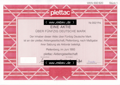 Alte Wertpapiere Bundesrepublik Deutschland in Deutsche Mark 1993, 50 DM, Fünfzig Deutsche Mark, plettac Aktiengesellschaft (1) Sammlung
