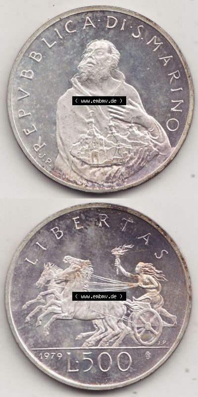Aus offiziellen Münzensatz / KMS 1979 San Marino vor Euro 1979-1979, 500 Lire, Silbermünze J.P. REPVBBLICA DI SAN MARINO, 1979... Sammlung