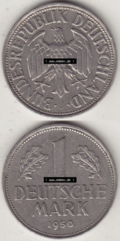 BRD Münzen 1 DM, Umlaufmünze 1950-2001, 1 DM Deutsche Mark, 1950 J-2. Vorderseite und Rückseite auf einen digitalen Bild /... Sammlung