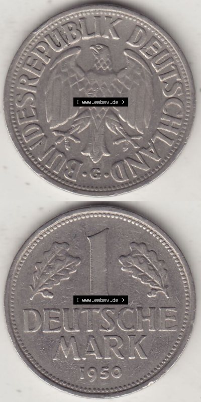 BRD Münzen 1 DM, Umlaufmünze 1950-2001, 1 DM Deutsche Mark, 1950 G-1. Vorderseite und Rückseite auf einen digitalen Bild /... Sammlung