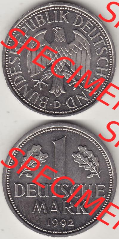 BRD Münzen 1 DM, Umlaufmünze 1950-2001, 1 DM Deutsche Mark, 1992 D-2. Vorderseite und Rückseite auf einen digitalen Bild / Foto der Münze aus Deutschland,... Sammlung
