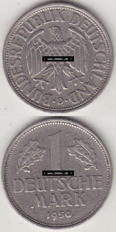 BRD Münzen 1 DM, Umlaufmünze 1950-2001, 1 DM Deutsche Mark, 1950 D-7. Vorderseite und Rückseite auf einen digitalen Bild /... Sammlung