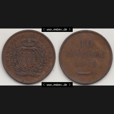 Bildmaterial Münzen aus San Marino vor 1950, 1875-1894, 10 Centesimi, Cent-Wert, 1875-1, GORI LIBERTAS REPUBBLICA DI S. MARINO, 10 CENTESIMI (3) Sammlung