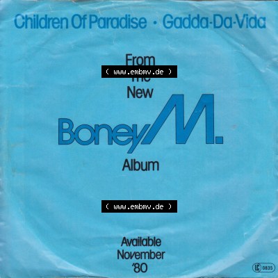 Schallplatten Hansa International 1980, Boney M. mit Children Of Paradise und Gadda-Da-Vida. Rückseite der Schallplatte aus privater Sammlung, verwalte deine Schallplatten-Sammlung... Sammlung