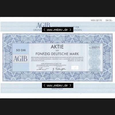 Alte Wertpapiere Bundesrepublik Deutschland in Deutsche Mark 1996, 50 DM, AGIB, Fünfzig Deutsche Mark, Aktie, Aktiengesellschaft für GRundbesitz und Industriebeteilingungen... Sammlung