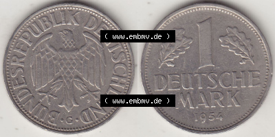 BRD Münzen 1 DM, Umlaufmünze 1950-2001, 1 DM Deutsche Mark, 1954 G-4. Vorderseite und Rückseite der Münze aus Deutschland Sammlung