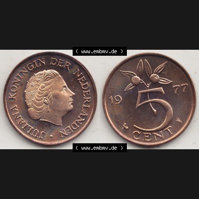 Aus offiziellen Münzensatz / KMS 1977 Niederlande 1950-1980, 5 Cent, 1977-1, JULIANA KONINGIN DER NEDERLANDEN. Vorderseite und Rückseite aus den Niederlanden Sammlung