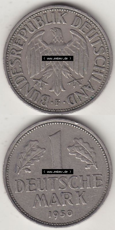 BRD Münzen 1 DM, Umlaufmünze 1950-2001, 1 DM Deutsche Mark, 1950 F-7. Vorderseite und Rückseite auf einen digitalen Bild /... Sammlung