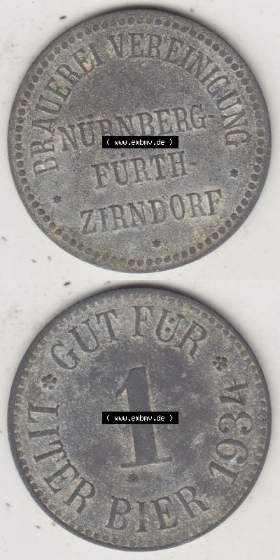 Alte Biermarken Allgemein 1934, Gut für 1 Liter Bier, Brauerei Vereinigung Nürnberg Furth Zirndorf. Vorderseite und Rückseite... Sammlung