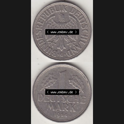 BRD Münzen 1 DM, Umlaufmünze 1950-2001, 1 DM Deutsche Mark, 1954 G-2. Vorderseite und Rückseite auf einen digitalen Bild / Foto der Münze aus Deutschland,... Sammlung