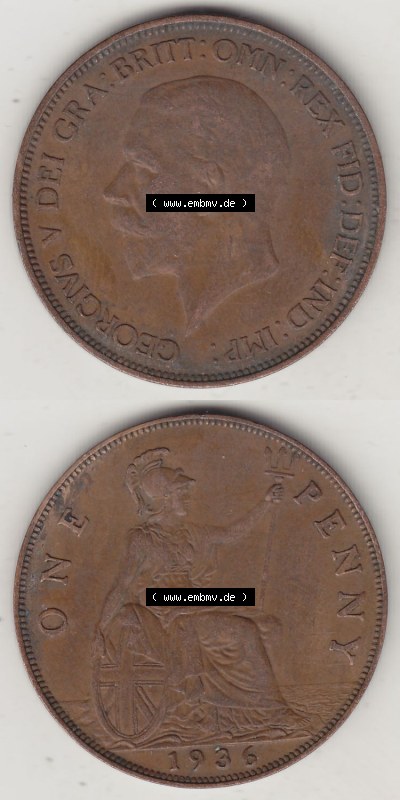 Münzen Großbritannien Eurovorläufer, Umlaufmünze vor Euroeinführung 1928-1936, 1 One Penny, 1936 (Stück 3), George V. BM... Sammlung