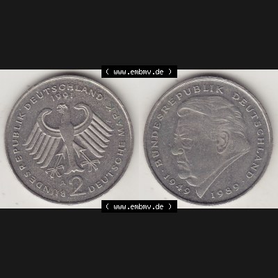 BRD Münzen 2 DM Gedenkmünze 1991-2001, 2 DM, Deutsche Mark Franz Josef Strauß 1991 A-1. Vorderseite und Rückseite der Münze aus Deutschland Sammlung