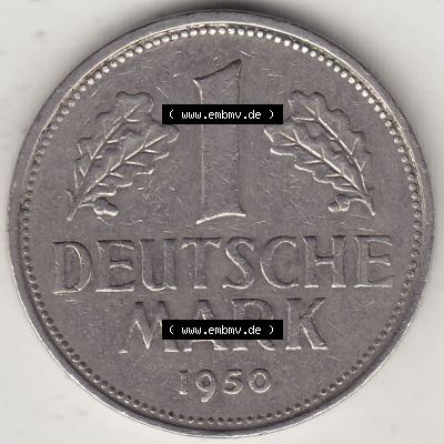 BRD Münzen 1 DM, Umlaufmünze 1950-2001, 1 DM Deutsche Mark, 1950 J-2. Rückseite der Münze aus Deutschland Sammlung