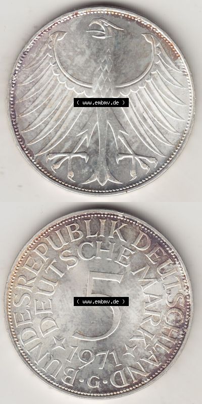 Münzen Deutsche Mark Silbermünze 1951-1974, 5 DM, 5 Deutsche Mark Silberadler, Heiermann 1971 G-1. Bildmaterial mit Vorderseite... Sammlung