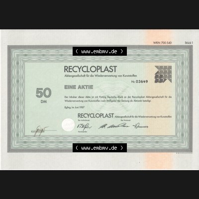 Alte Wertpapiere Bundesrepublik Deutschland in Deutsche Mark 1987, Recycloplast, 50 DM, Eine Aktie über Fünfzig Deutsche Mark, Aktiengesellschaft für die Wiederverwendung... Sammlung