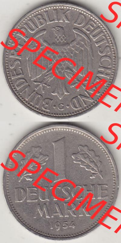 BRD Münzen 1 DM, Umlaufmünze 1950-2001, 1 DM Deutsche Mark, 1954 G-4. Vorderseite und Rückseite auf einen digitalen Bild / Foto der Münze aus Deutschland,... Sammlung