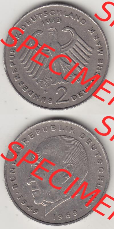 BRD Münzen 2 DM Gedenkmünze 1969-1987, 2 DM, Deutsche Mark Konrad Adenauer 1973-1 F. Vorderseite und Rückseite auf einen digitalen Bild / Foto der Münze aus Deutschland,... Sammlung