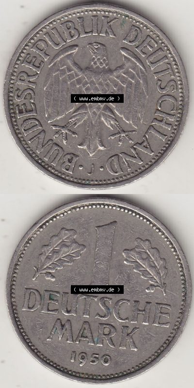 BRD Münzen 1 DM, Umlaufmünze 1950-2001, 1 DM Deutsche Mark, 1950 J-6. Vorderseite und Rückseite auf einen digitalen Bild /... Sammlung