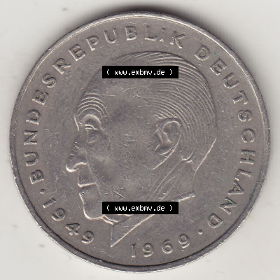 BRD Münzen 2 DM Gedenkmünze 1969-1987, 2 DM, Deutsche Mark Konrad Adenauer 1973 (Stück 1) F. Rückseite der Münze aus Deutschland Sammlung