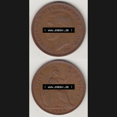 Alte Münzen Großbritannien Eurovorläufer, Umlaufmünze vor Euroeinführung 1937-1948, 1 Penny, One Penny, 1948-1, GEORGIVS VI, D G BR OMN REX... Sammlung