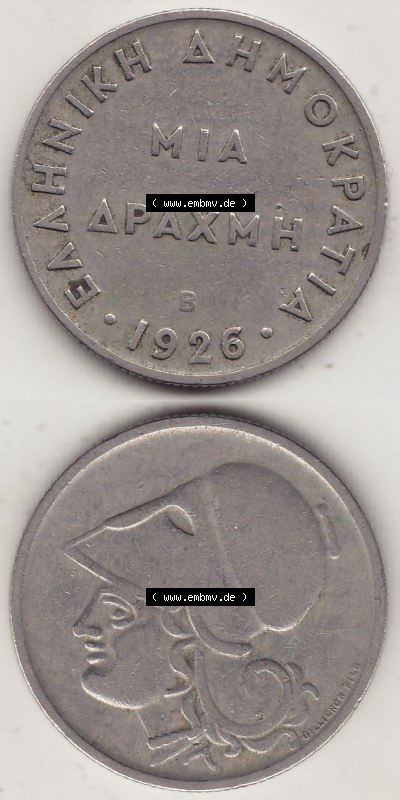 Münzen Griechenland Eurovorläufer, Umlaufmünze vor Euroeinführung 1926-1926, 1 Drachme, Mia Apaxmh 1926 (Stück 1) (4) Sammlung