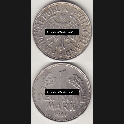 BRD Münzen 1 DM, Umlaufmünze 1950-2001, 1 DM Deutsche Mark, 1961 G-1. Vorderseite und Rückseite auf einen digitalen Bild / Foto der Münze aus Deutschland,... Sammlung