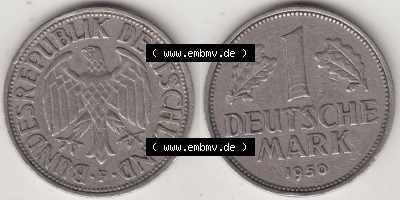 BRD Münzen 1 DM, Umlaufmünze 1950-2001, 1 DM Deutsche Mark, 1950 F-5. Vorderseite und Rückseite der Münze aus Deutschland Sammlung