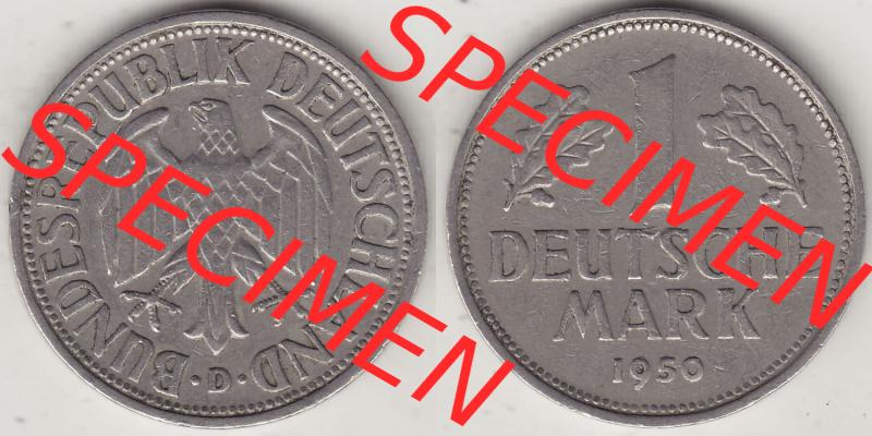 BRD Münzen 1 DM, Umlaufmünze 1950-2001, 1 DM Deutsche Mark, 1950 D-6. Vorderseite und Rückseite der Münze aus Deutschland Sammlung