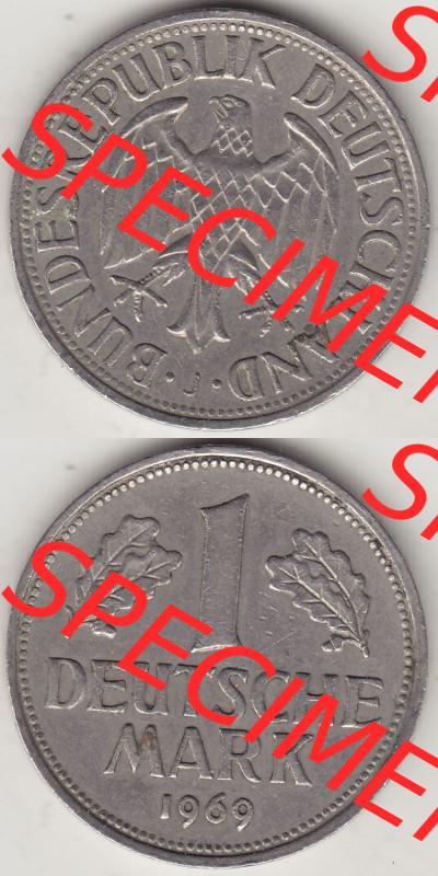 BRD Münzen 1 DM, Umlaufmünze 1950-2001, 1 DM Deutsche Mark, 1969 J-1. Vorderseite und Rückseite auf einen digitalen Bild / Foto der Münze aus Deutschland,... Sammlung