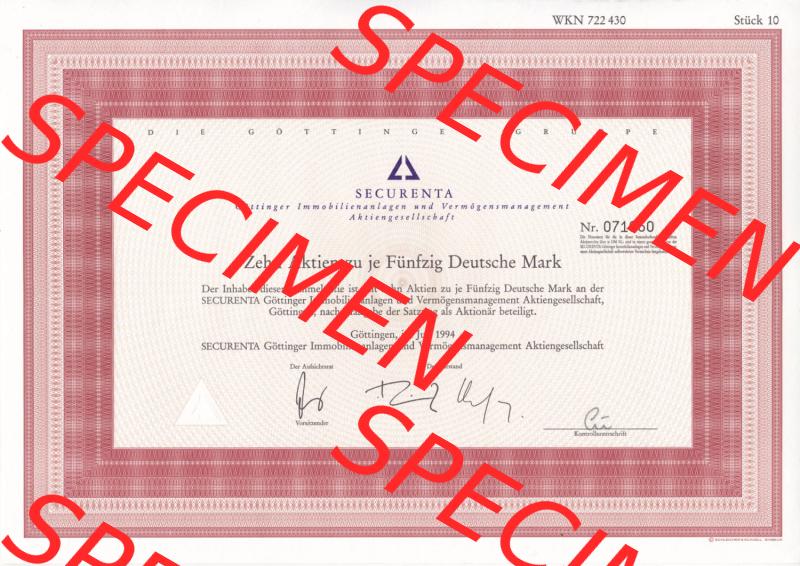 Alte Wertpapiere Bundesrepublik Deutschland in Deutsche Mark 1994, 50 DM, Fünfzig Deutsche Mark, SECURENTA Immobilienanlagen (1) Sammlung