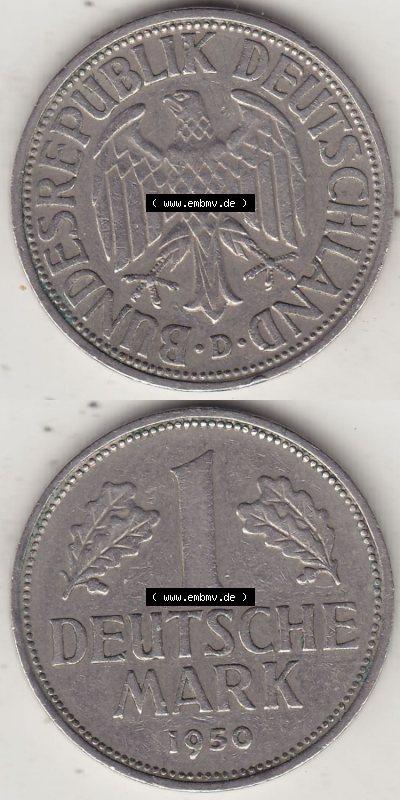 BRD Münzen 1 DM, Umlaufmünze 1950-2001, 1 DM Deutsche Mark, 1950 D-1. Vorderseite und Rückseite auf einen digitalen Bild /... Sammlung