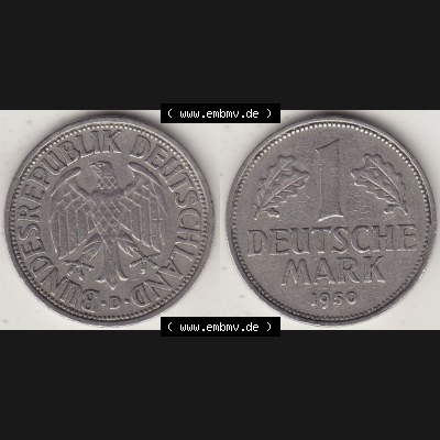 BRD Münzen 1 DM, Umlaufmünze 1950-2001, 1 DM Deutsche Mark, 1950 D-3. Vorderseite und Rückseite der Münze aus Deutschland Sammlung