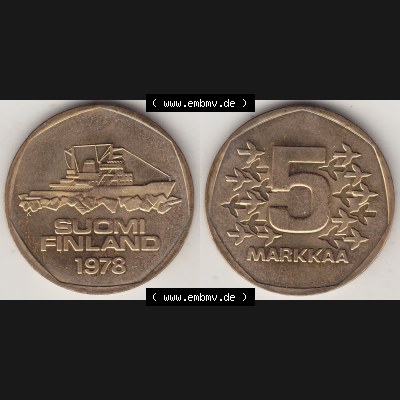 Münzen Finnland / SUOMI Eurovorläufer, Umlaufmünze vor Euroeinführung 1978-1978, Stempelglanz 1972-1978, 5 finnische Mark, Markkaa, 1978-1.... Sammlung