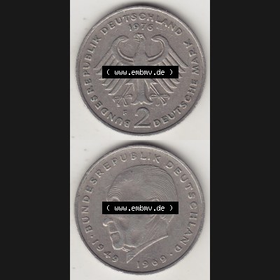 BRD Münzen 2 DM Gedenkmünze 1969-1987, 2 DM, Deutsche Mark Konrad Adenauer 1976-1 F. Vorderseite und Rückseite auf einen digitalen Bild / Foto der Münze aus Deutschland,... Sammlung