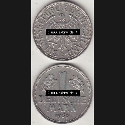 BRD Münzen 1 DM, Umlaufmünze 1950-2001, 1 DM Deutsche Mark, 1969 D-1. Vorderseite und Rückseite auf einen digitalen Bild / Foto der Münze aus Deutschland,... Sammlung